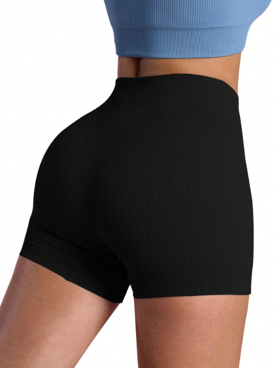 3pcs High Waist Cross Waistband Ribbed Sports Shorts For Abdominal Control & Hip Lifting