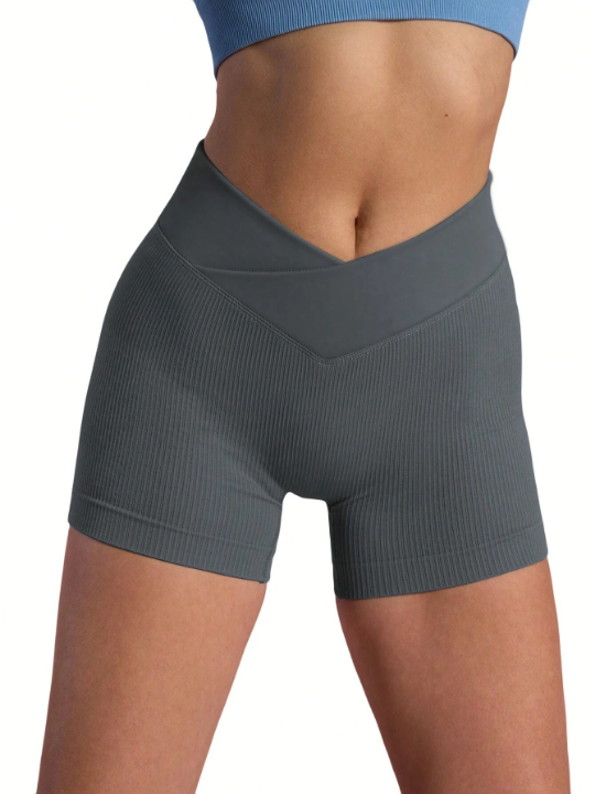 3pcs High Waist Cross Waistband Ribbed Sports Shorts For Abdominal Control & Hip Lifting