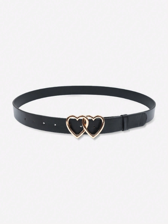 1pc Women's Black Plus Size 132cm Belt With Double Heart Shaped Metallic Buckle Decoration