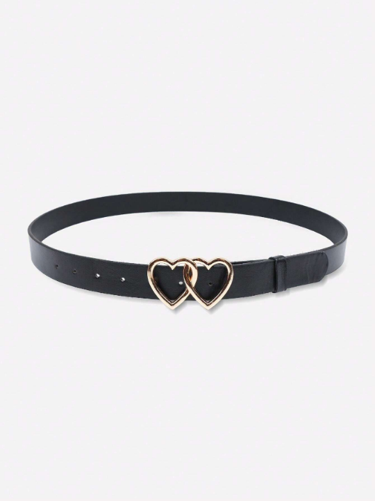 1pc Women's Black Plus Size 132cm Belt With Double Heart Shaped Metallic Buckle Decoration