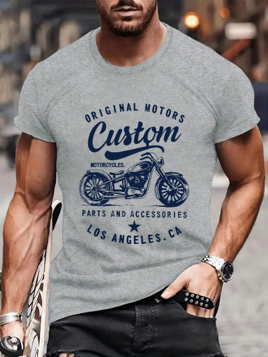 Men's Short Sleeve T-Shirt With Motorcycle And Letter Print