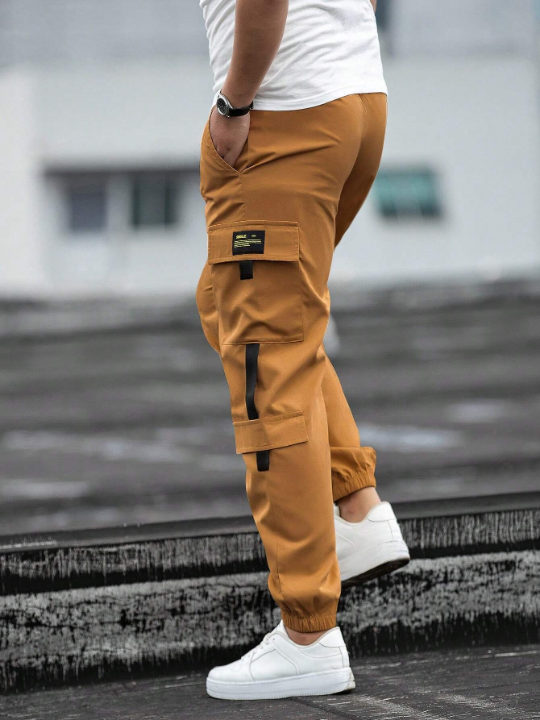 Manfinity Homme Men's Loose Fit Cargo Pants With Patched Detail And Drawstring Waist