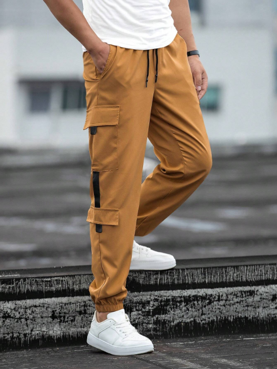 Manfinity Homme Men's Loose Fit Cargo Pants With Patched Detail And Drawstring Waist