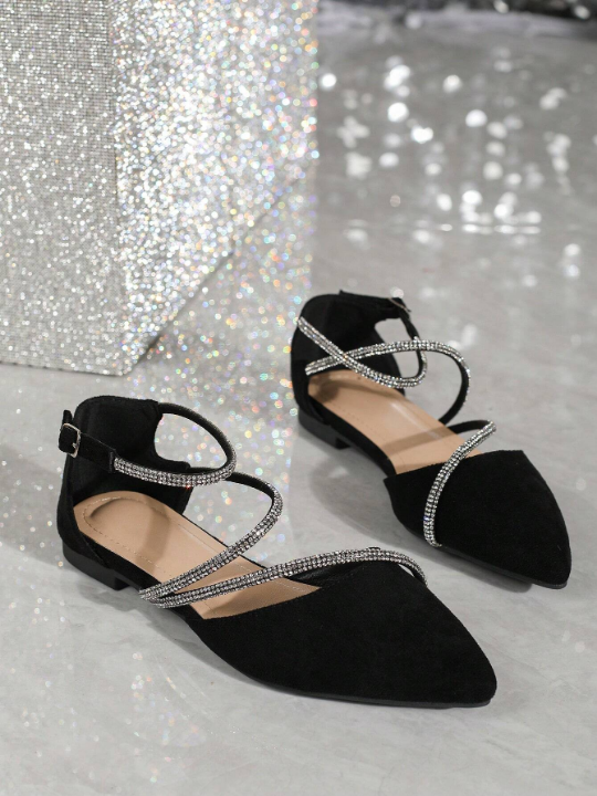 Women's Double Buckle Water Diamond Hollow Out Flat Shoes With Black Velvet, Fashionable And Elegant Flat Shoes For Spring And Summer