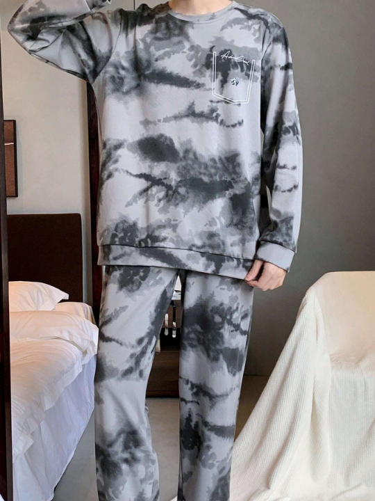 2pcs/Set Men's Casual Tie Dye Style Homewear Pajamas Set For Spring And Autumn