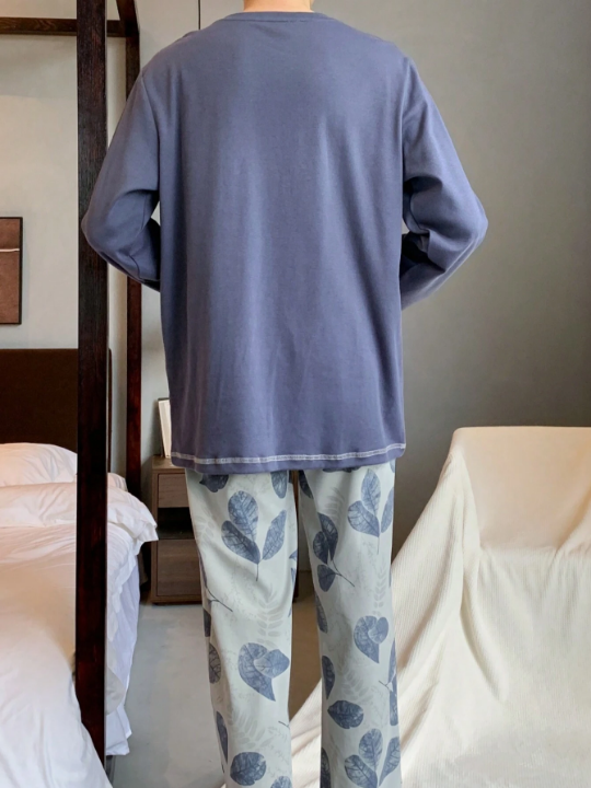 2pcs/Set Men's Casual Spring/Autumn Long Sleeve Top And Printed Pants Homewear Outfit