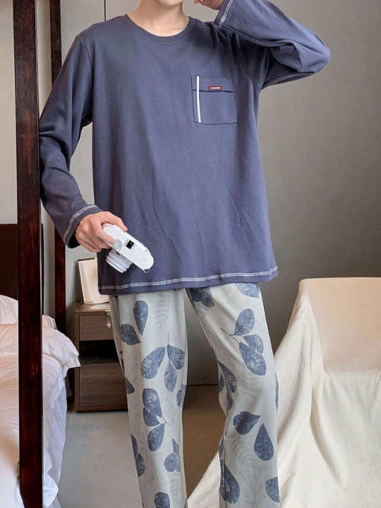 2pcs/Set Men's Casual Spring/Autumn Long Sleeve Top And Printed Pants Homewear Outfit