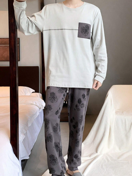 2pcs/Set Men's Casual Style Plant Print Home Clothing Pajamas For Spring And Autumn