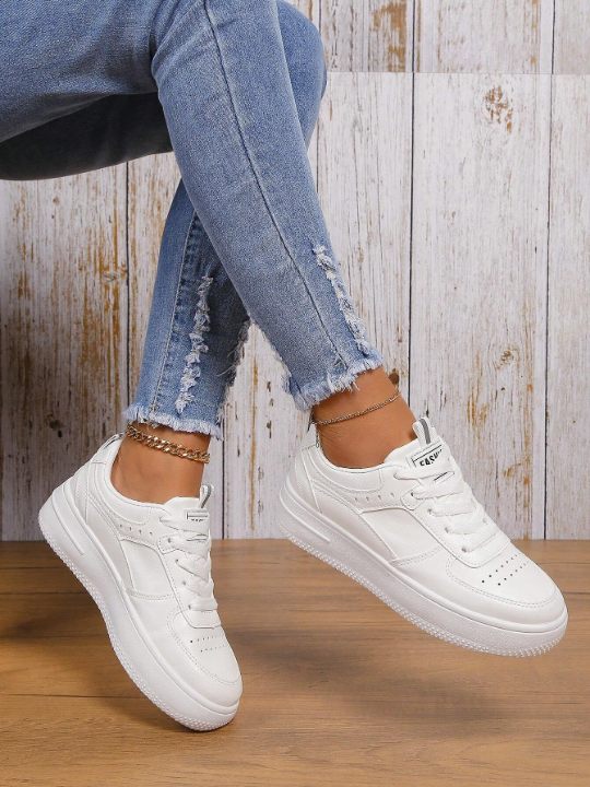 Spring & Autumn Fashionable High Platform, Front Lace-Up Women's Black Casual Shoes, Women's White Sports Shoes With Waterproof Platform