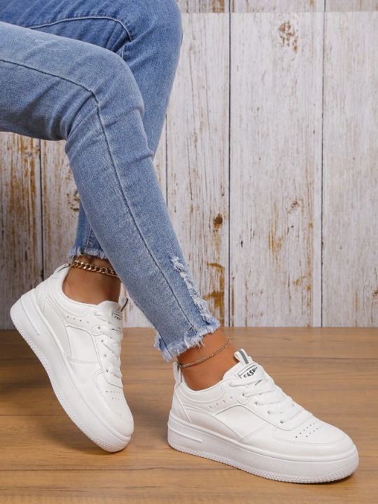 Spring & Autumn Fashionable High Platform, Front Lace-Up Women's Black Casual Shoes, Women's White Sports Shoes With Waterproof Platform