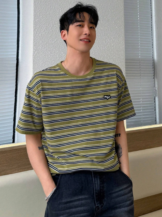 DAZY Men's Color-Block Striped Placket Short Sleeve T-Shirt For Summer