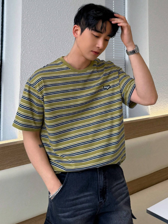 DAZY Men's Color-Block Striped Placket Short Sleeve T-Shirt For Summer