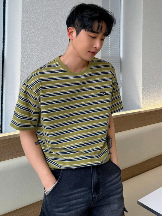 DAZY Men's Color-Block Striped Placket Short Sleeve T-Shirt For Summer