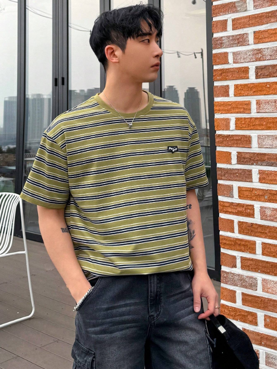 DAZY Men's Color-Block Striped Placket Short Sleeve T-Shirt For Summer