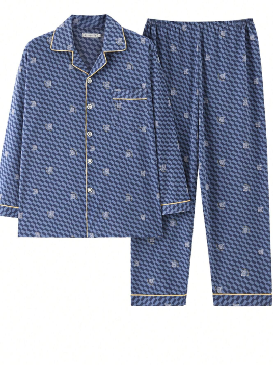 Men's Full Print Long Sleeve Top And Pants Homewear Set, Autumn/Winter/Spring 2024