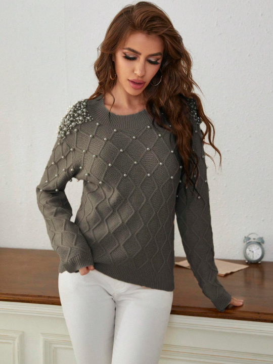 Mulvari Faux Pearl Beaded Round Neck Oversized Casual Sweater