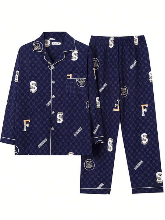 Men's 2024 Spring And Autumn Season Digital Printed Color Block Shirt And Pants Homewear Set