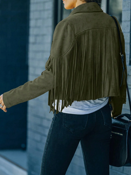 Astylish Khaki Long Sleeve Fringe Open Front Faux Suede Moto Jacket