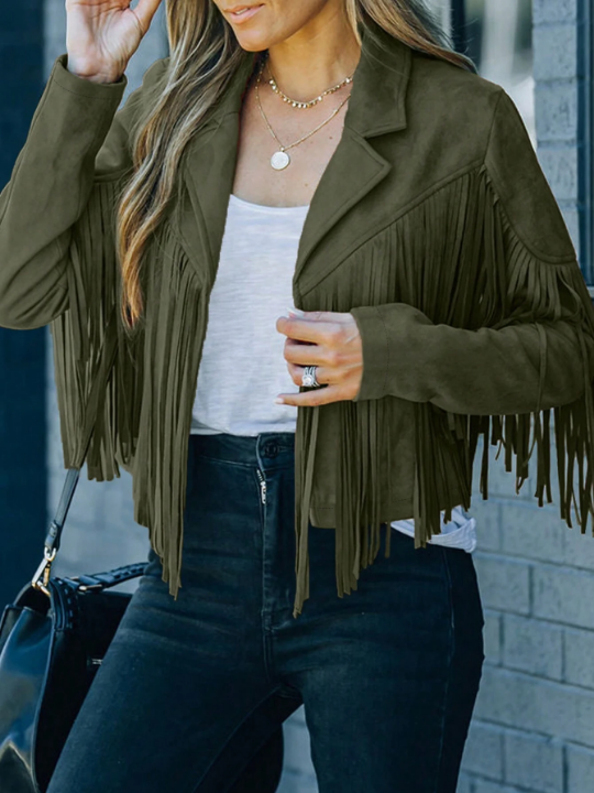 Astylish Khaki Long Sleeve Fringe Open Front Faux Suede Moto Jacket