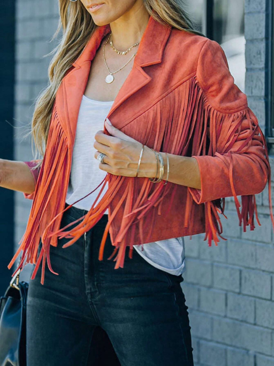 Astylish Khaki Long Sleeve Fringe Open Front Faux Suede Moto Jacket