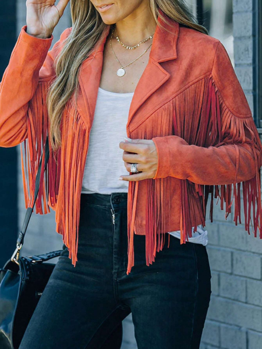 Astylish Khaki Long Sleeve Fringe Open Front Faux Suede Moto Jacket