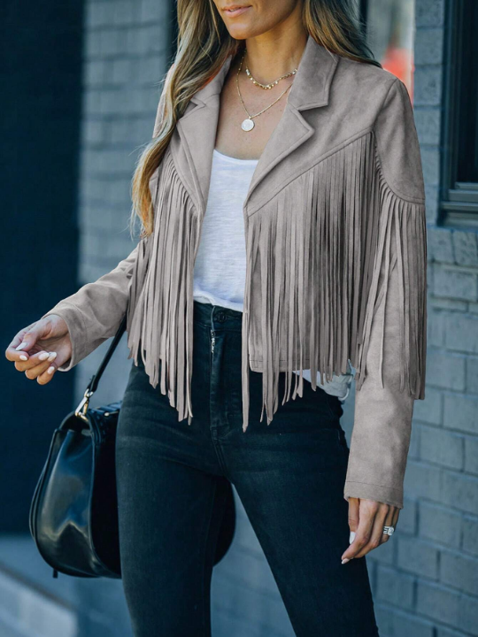 Astylish Khaki Long Sleeve Fringe Open Front Faux Suede Moto Jacket