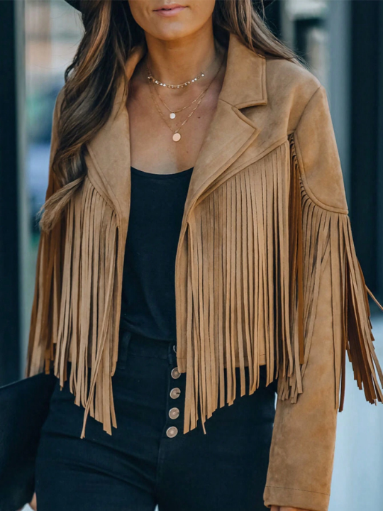 Astylish Khaki Long Sleeve Fringe Open Front Faux Suede Moto Jacket