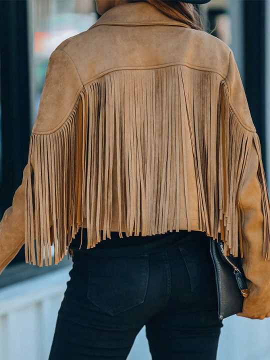 Astylish Khaki Long Sleeve Fringe Open Front Faux Suede Moto Jacket