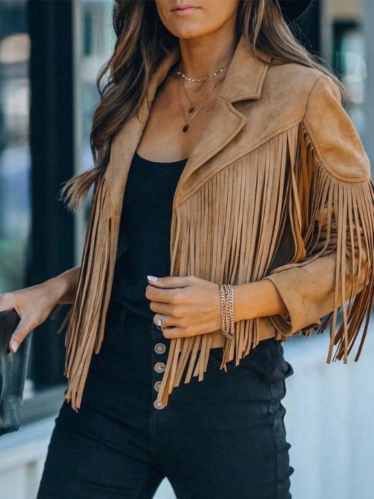 Astylish Khaki Long Sleeve Fringe Open Front Faux Suede Moto Jacket