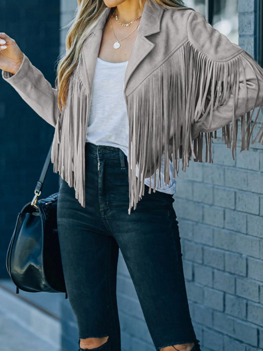 Astylish Khaki Long Sleeve Fringe Open Front Faux Suede Moto Jacket