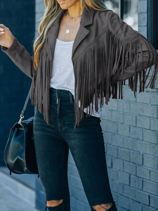 Astylish Khaki Long Sleeve Fringe Open Front Faux Suede Moto Jacket