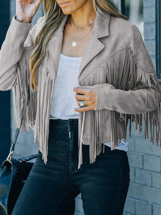 Astylish Khaki Long Sleeve Fringe Open Front Faux Suede Moto Jacket