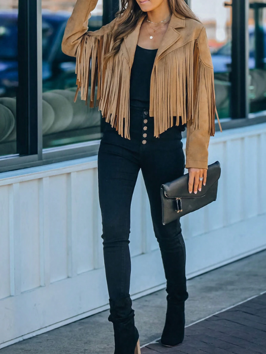 Astylish Khaki Long Sleeve Fringe Open Front Faux Suede Moto Jacket