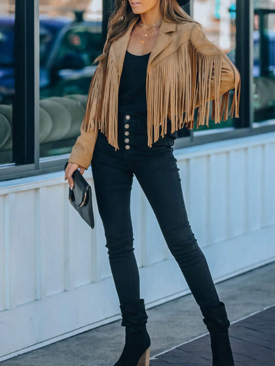 Astylish Khaki Long Sleeve Fringe Open Front Faux Suede Moto Jacket