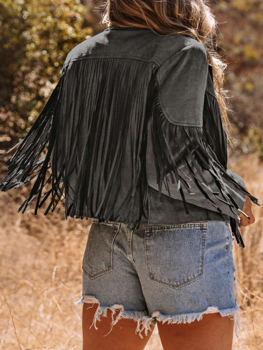 Astylish Khaki Long Sleeve Fringe Open Front Faux Suede Moto Jacket