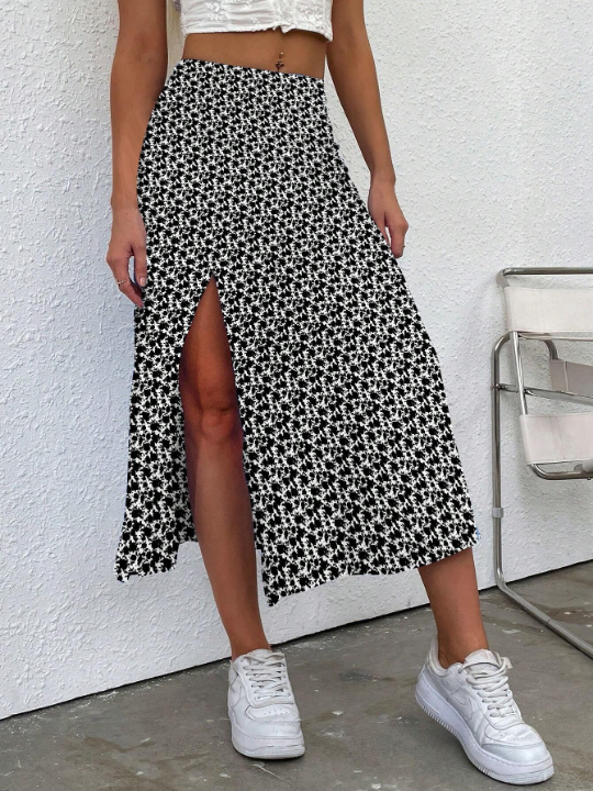 Frenchy High Slit Floral Print Midi Skirt