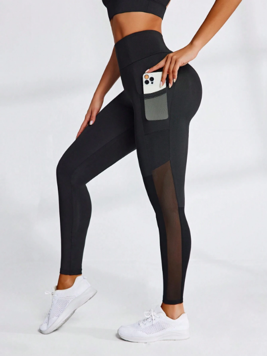 Mesh Panel Cell Phone Pocket Sports Leggings