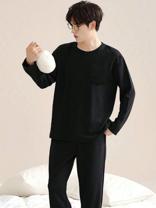 Men's Loose Fit Round Neck Long Sleeve Top And Pants Pajama Set