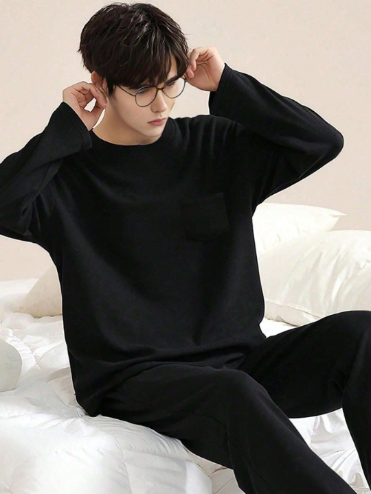 Men's Loose Fit Round Neck Long Sleeve Top And Pants Pajama Set