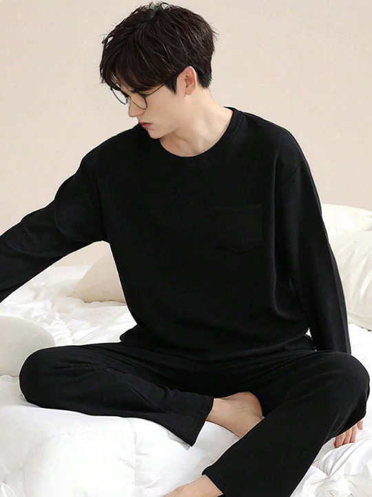 Men's Loose Fit Round Neck Long Sleeve Top And Pants Pajama Set