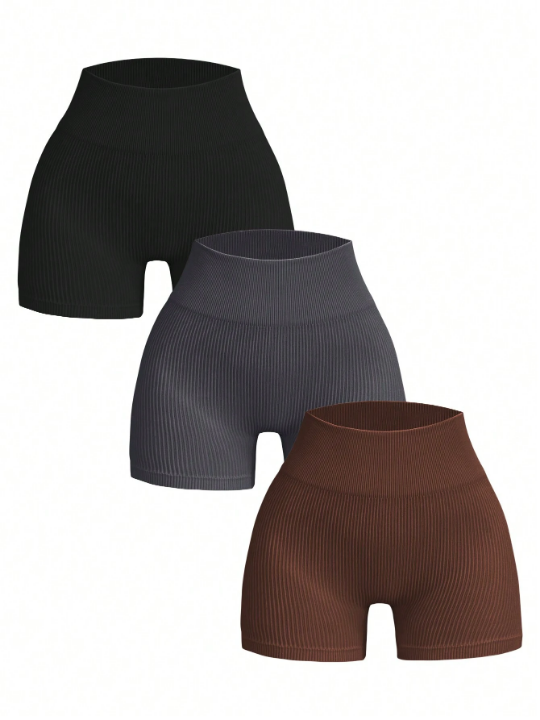 3pcs/Set High Waist Tummy Control Ribbed Knit Athletic Shorts For Leggings, Assorted Colors