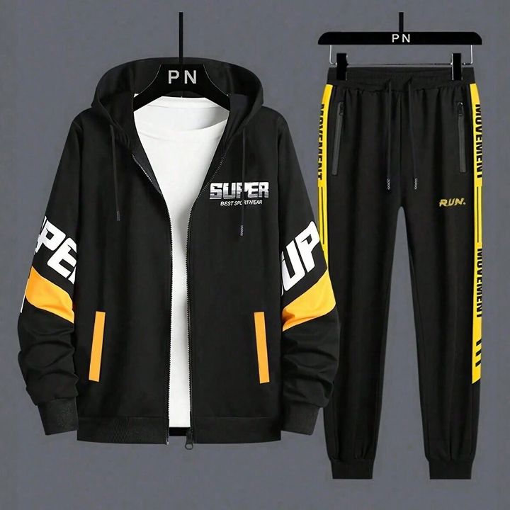 Men's Spring And Autumn Color Block Hoodie And Pants Sports Suit With Letter Print