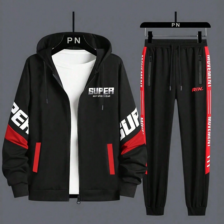 Men's Spring And Autumn Color Block Splice Letter Print Hoodie And Jogging Pants Sports Suit