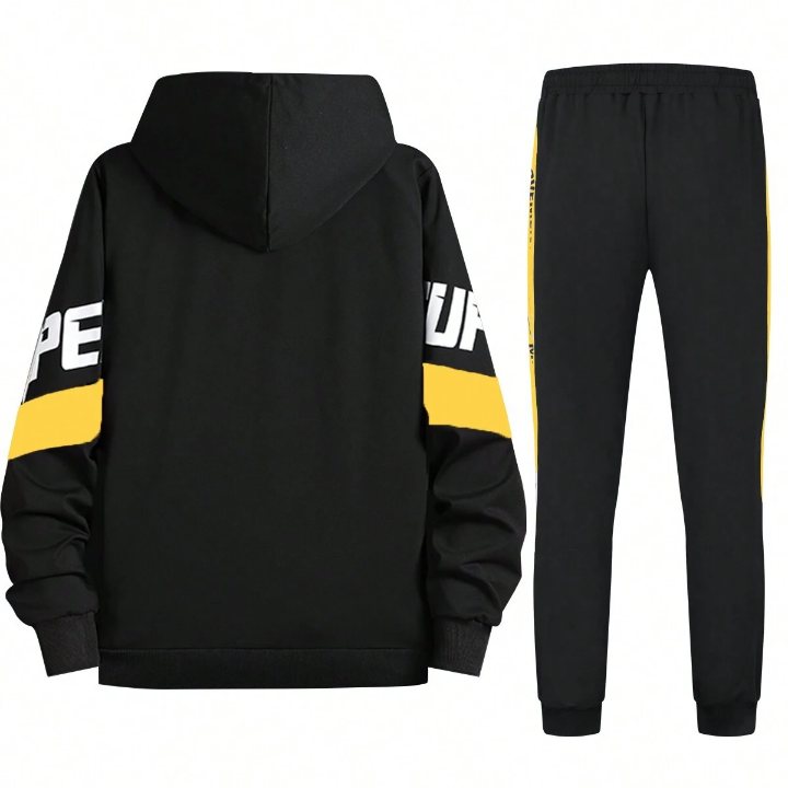 Men's Spring And Autumn Color Block Hoodie And Pants Sports Suit With Letter Print