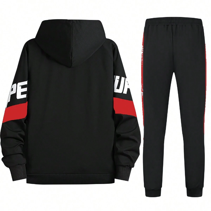 Men's Spring And Autumn Color Block Splice Letter Print Hoodie And Jogging Pants Sports Suit