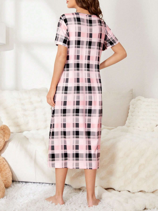 Women's Spring New Arrival Plaid Homewear Dress With Front Notch Collar