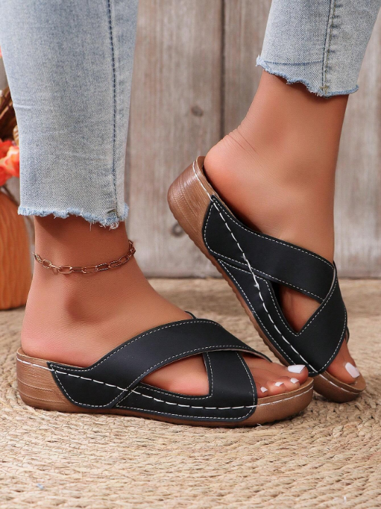 Women's Summer Casual Cross Increase High Slippers Wedge Platform Sandals, Solid Color, Black/White