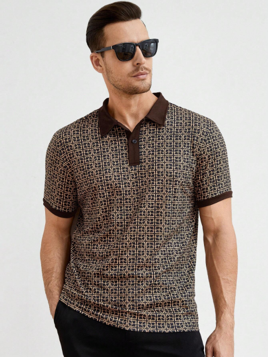 Manfinity Homme Men's All-Over Printed Knitted Short Sleeve Polo Shirt