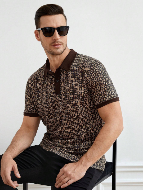 Manfinity Homme Men's All-Over Printed Knitted Short Sleeve Polo Shirt