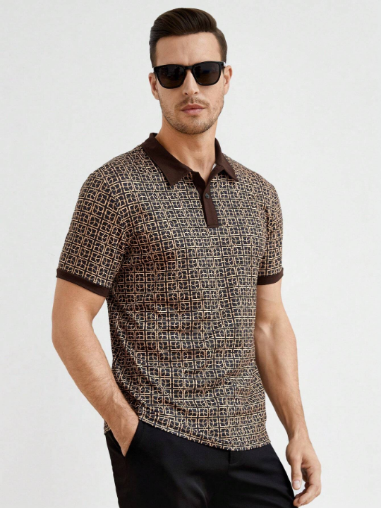 Manfinity Homme Men's All-Over Printed Knitted Short Sleeve Polo Shirt